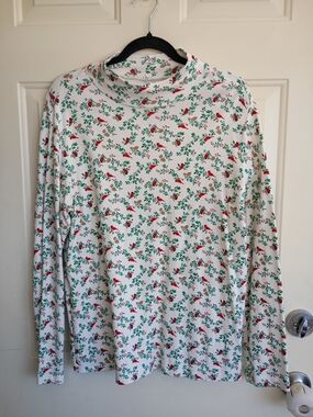 Croft & Barrow White/Green/Red Cardinal Pine Print Mock Neck Long Sleeve Top XXL